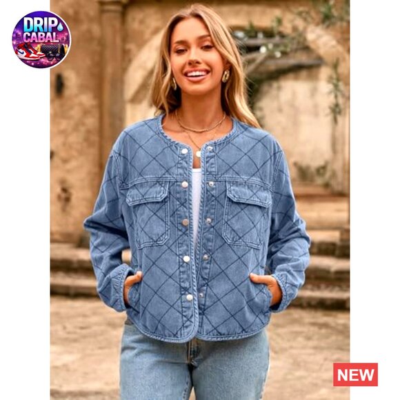 Denim Jean Jacket Quilted Lining Button Down Long Sleeve Lightweight Shacket - Picture 5 of 7